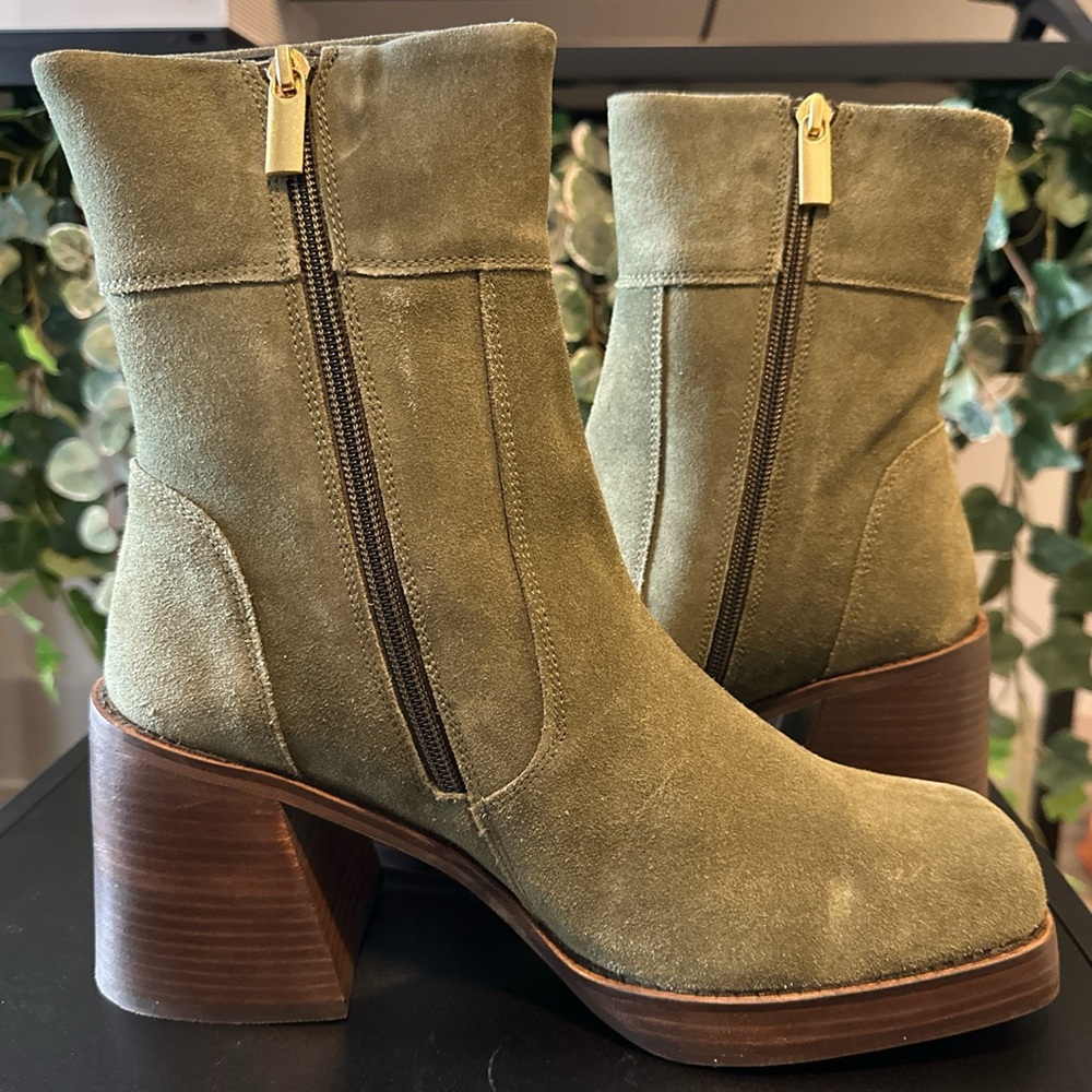 ASOS DESIGN suede mid-heel boots in “Khaki”